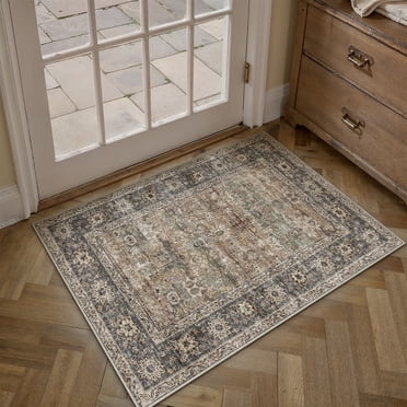 BERTHMEER 2'x3' Brown Doormats for Bedroom Kitchen Entrance Entryway Laundry Dorm Non Slip Washable Oriental Traditional Vintage Distressed Indoor Rugs