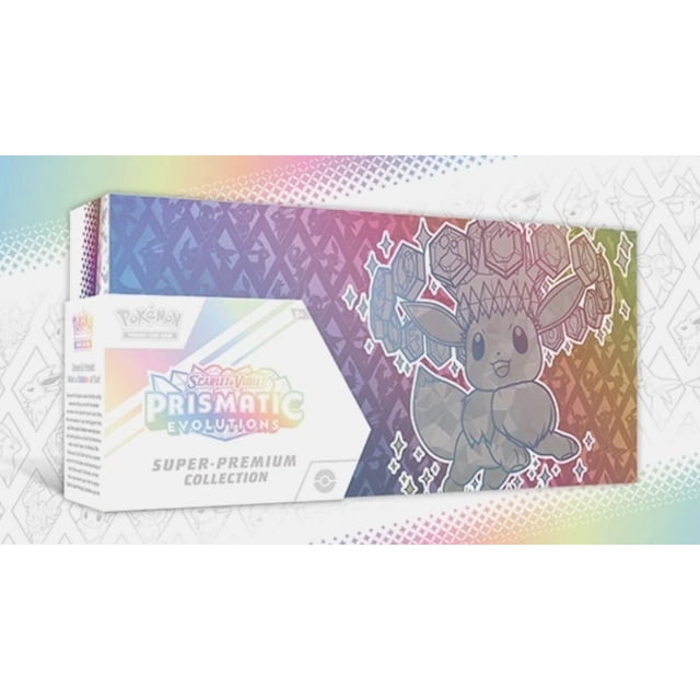 Pokemon TCG - Prismatic Evolutions: Super Premium Collection box with Eevee and its Evolutions in rainbow-themed artwork. Includes Scarlet & Violet expansion booster packs, full-art foil promo card of Eevee ex, fuzzy Eevee deck box, playmat, 65 card sleeves, and a code card for Pokemon TCG Live.