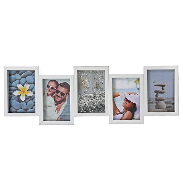 Collage Frame - White Cloud (5 - 4 X 6) featuring five white wooden frames arranged horizontally, each holding a 4x6 inch photo. The frames display images of smooth black stones with a white and yellow flower, a couple embracing, a sparkling silver sequin pattern, a woman in a white hat relaxing outdoors, and a balanced stack of smooth stones on a beach. The frame measures 12 by 18 inches and suits contemporary home décor, also ideal for displaying travel memories or special moments.