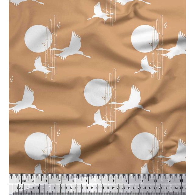 Soimoi Rayon Fabric Bamboo Tree,Moon & Stork Bird Print Fabric by The Yard 56 Inch Wide