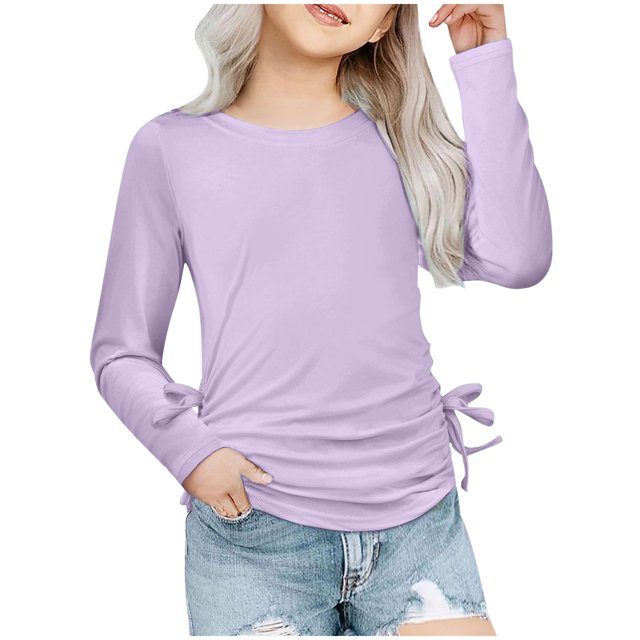 Plebaso Chemises à Manches Longues pour Filles avec Cordon de Serrage Col Rond Blouses Décontractées Mode Tunique pour Enfants Filles