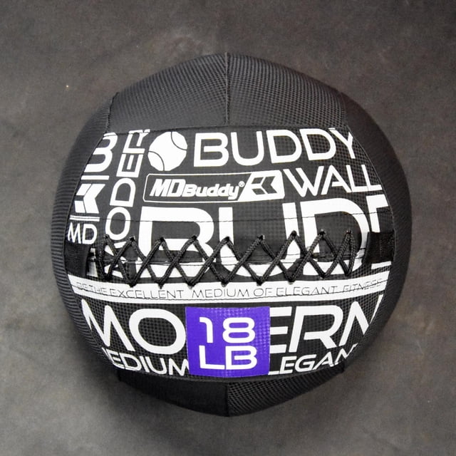 MD Buddy Balle Murale 18 Lb avec une Coque en Vinyle Noire durable, des Textes Graphiques Modernes Blancs et des Surpiqûres Renforcées, Dotée d'Une surface Texturée pour l'Adhérence, Convient aux Exercices de Force et de Conditionnement sur un Plancher de gym.
