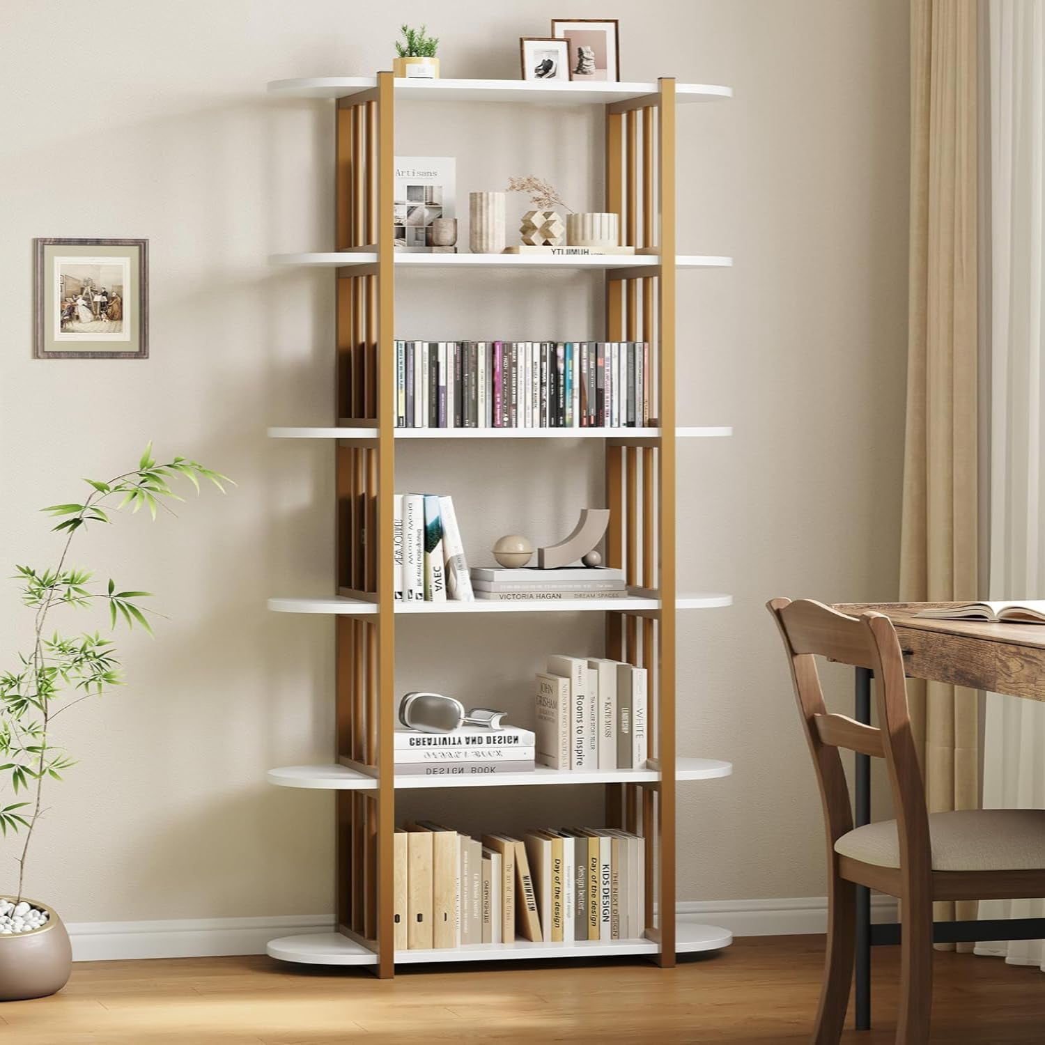 Eastvita 6-Tier Modern Tall Bookshelf Industrial Bookcase Corner Storage Organizer Free - Standing Storage Shelving Unit for Bedroom Office Kitchen Living Room White