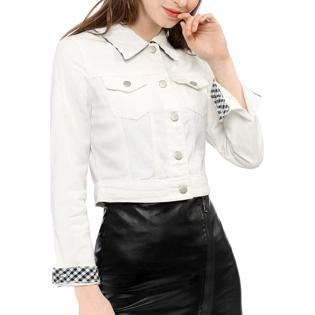 INSPIRE CHIC Women's Denim Cropped Jackets Chest Pocket Plaid Trim Button Down Jean Jacket L White
