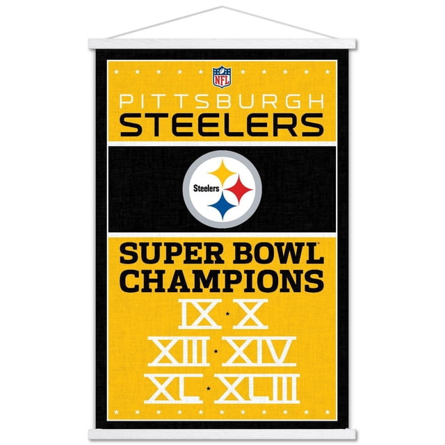 NFL Pittsburgh Steelers - Affiche Murale des Champions 13, 22,375 Po x 34 Po Présentant une Affiche Murale Rectangulaire Orientée vers l'Avant avec un Motif Jaune et Noir. le Dessus Affiche le logo de la NFL et « Pittsburgh Steelers » Texte. le Centre Montre le logo des Steelers avec Trois Diamants Colorés en Jaune, Rouge et Bleu sur Fond Noir. le Bas Lit « Super Bowl Champions » avec des Chiffres Romains IX, x, XIII, XIV, TG et XLIII