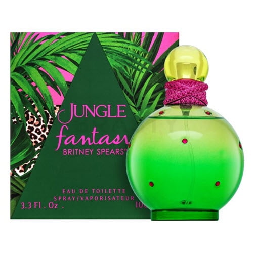 Britney Spears Jungle Fantasy For Her 100ml / 3.3 Fl.Oz. Eau de Toilette spray. The perfume bottle features a vibrant green gradient design with red accents and a yellow cap, paired with a decorative pink band. The packaging showcases a jungle-inspired theme with green foliage and leopard print details.