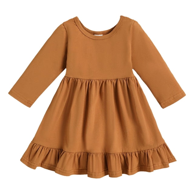 SXcggal One Robe Unie de Printemps et d'Automne pour Petites Filles, Manches Longues, Col Rond, Jupe Trapèze, Respirante, Mignonne, Décontractée, Robe pour Fille