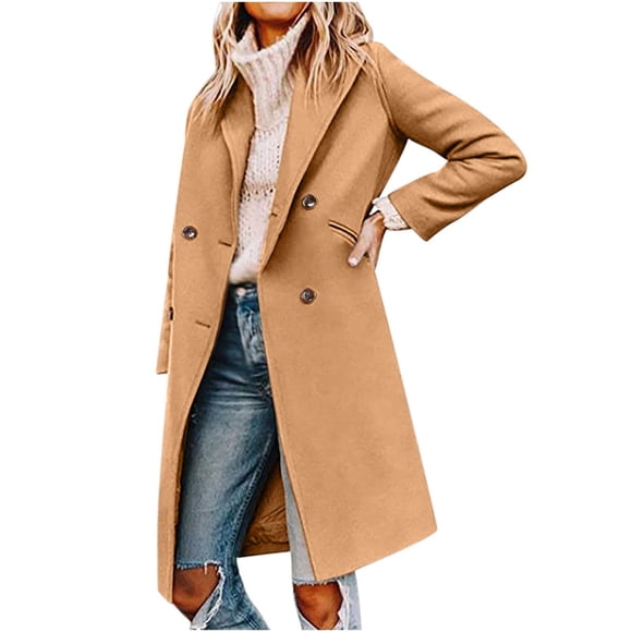 IROINID Women's Casual Long Coat Notch Lapel Solid Color Trench coat Long Sleeve Outwear, Khaki
