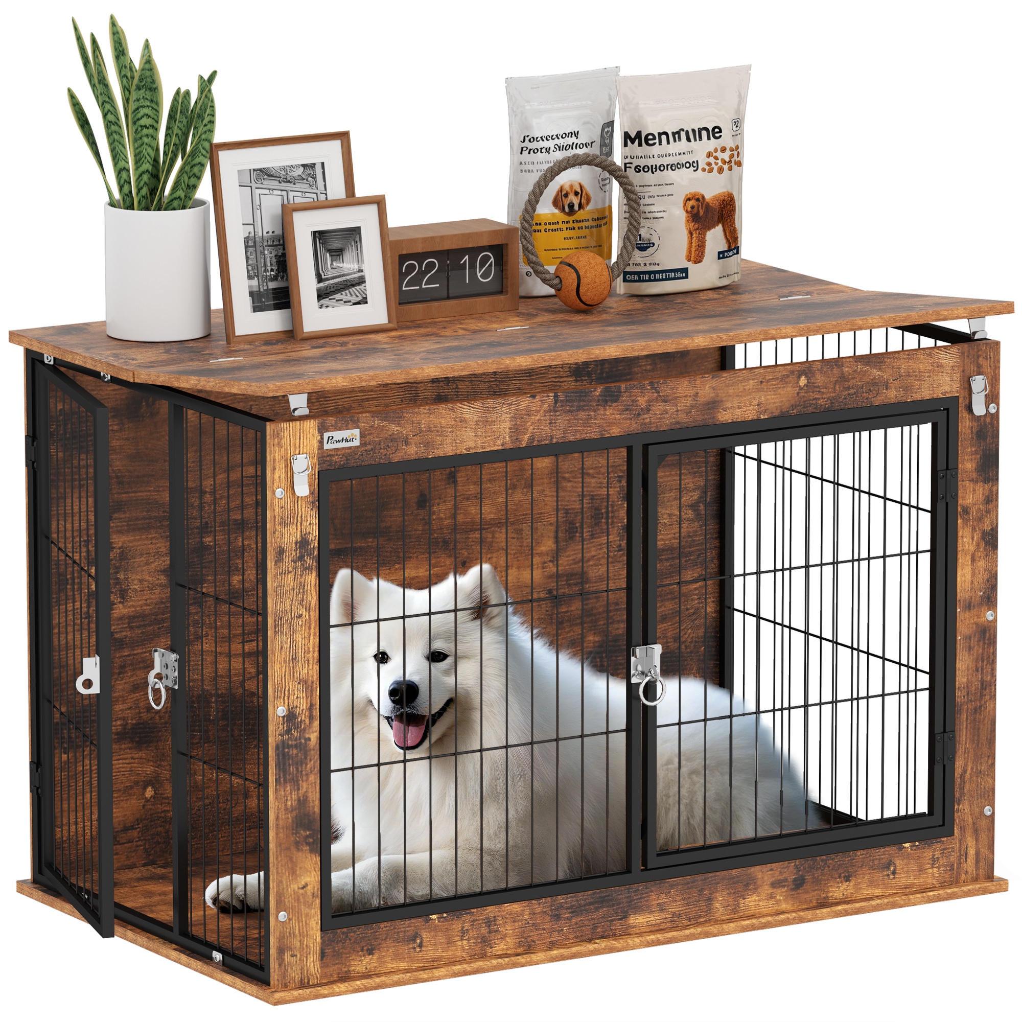 PawHut Meuble Cage pour Chien de 39 Pouces, avec Ouverture Supérieure Rabattable, 2 Portes, pour Chiens L