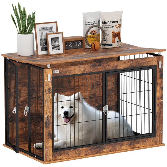 PawHut Meuble Cage pour Chien de 39 Pouces, avec Ouverture Supérieure Rabattable, 2 Portes, pour Chiens L