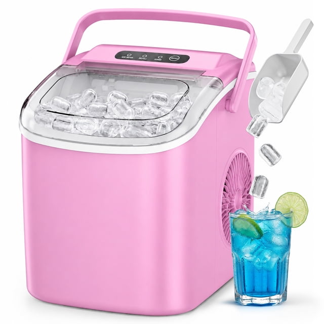 Simzlife Countertop Ice Maker with Handle,Portable Ice Machine with Basket and Scoop, 9 Bullet Ice In 6 Mins, 26Lbs/24H, Self-Cleaning