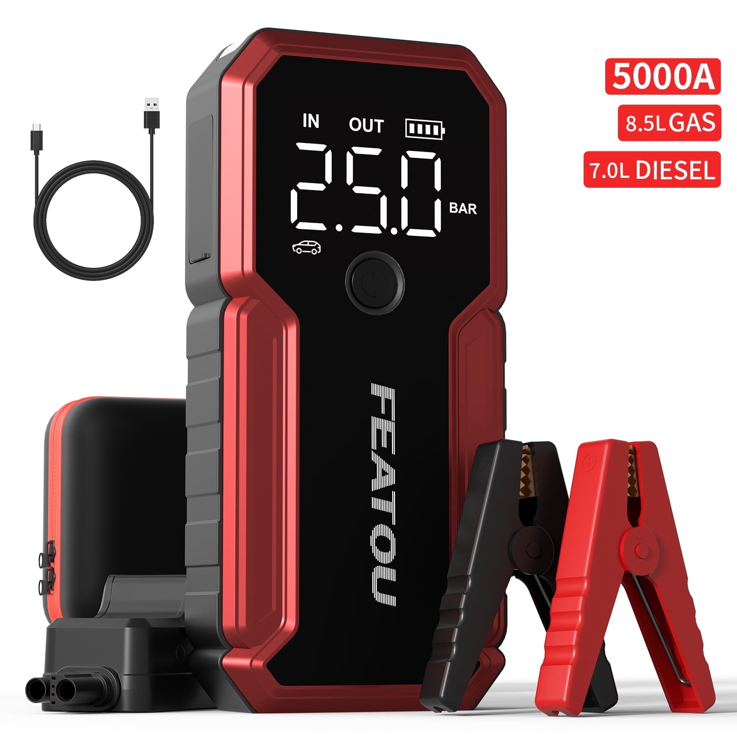 FEATOU Car Jump Starter,5000A Peak 12V Battery Jump Starter Pack for All Gas and up to 7.0L Diesel Engine,Portable Battery Booster Box with USB Quick Charge and Type C Supersafe
