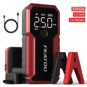 FEATOU Démarreur de saut de voiture,5000A Hauteur maximale 12V Batterie Jump Starter Pack pour tous les gaz et jusqu'à 7.0L Moteur diesel, Booster de batterie portable avec USB Charge rapide et Supersafe de type C