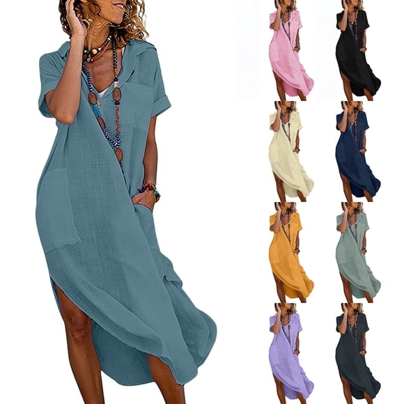 Oksale Summer Dresses for Women Casual Loose Curved Hem Linen Cotton Dress with Pockets Trendy Lapel V Neck Beachy Midi Dresses Dark Gray S