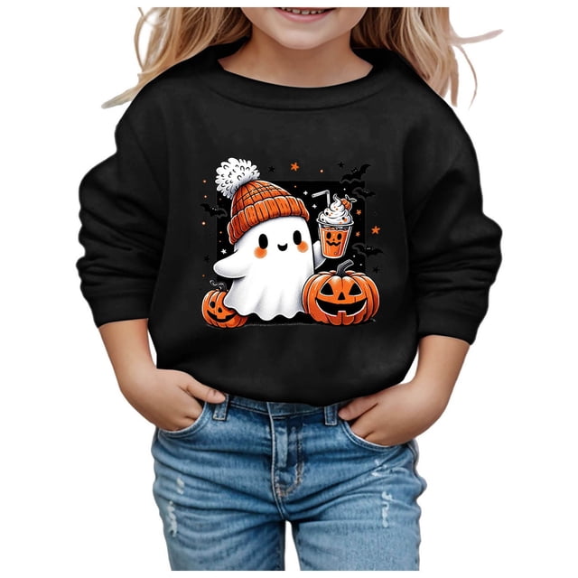 GDREDA Chandails à Capuchon et Chandails pour Filles, Mignons, Imprimés, Col Rond, Manches Longues, Mode Halloween pour Enfants, Noir, 5-6 Ans