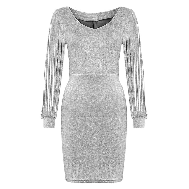 Pompotops Mode Femmes Robe Aguichant à Manches Longues Robes Formelles Col en V Paillettes Fête Bureau Robes et Robes de Soirée