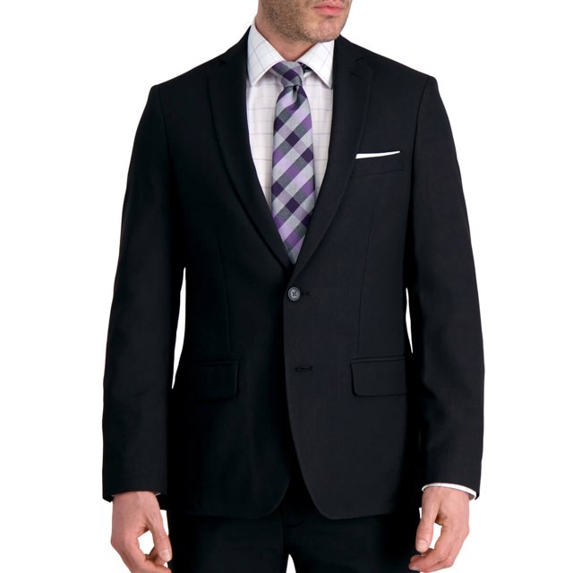Haggar Smart Wash Repreve Suit Separate Jacket in black, size 42 short. This sustainable men's fashion piece is crafted from eco-friendly Repreve fibers, featuring a single-breasted design with a notch lapel, two-button closure, and front flap pockets. Perfect for formal or business occasions, it is machine washable for easy care.