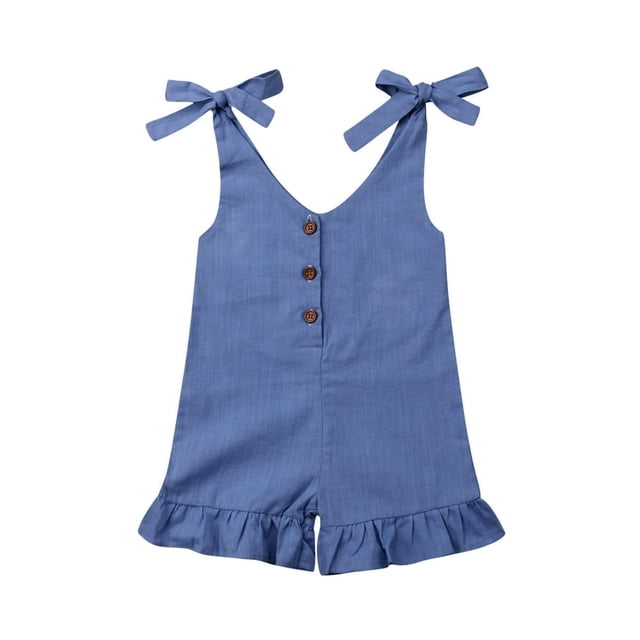 Baby Girls Summer Sleeveless Romper Lace-up Button Down Ruffled Jumpsuit