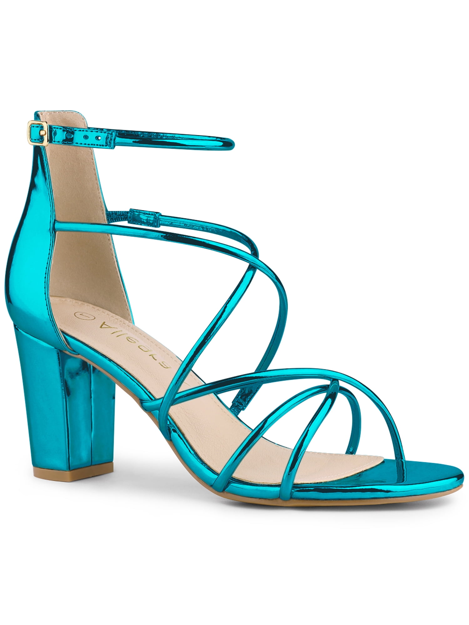 BLISSFUL STEP Sandales à Talons Blocs à Brides Croisées pour Femmes Bleu Lac 7,5