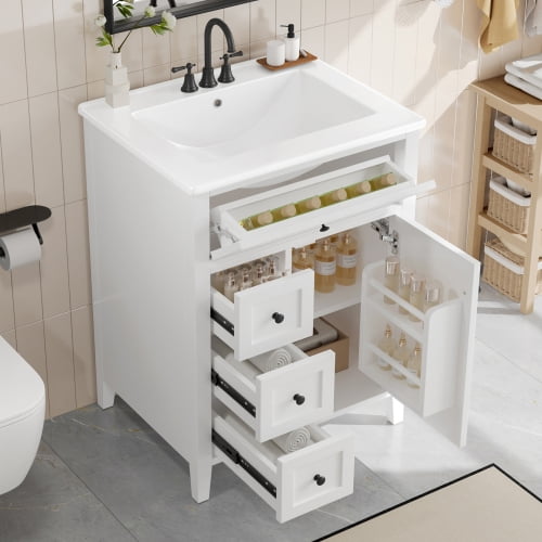 taoruifang white 24" Bathroom Vanity with Ceramic Sink, Rubberwood Legs, Tip-Out Top Drawer + 3 Pull-Out Drawers, Soft-Close Hinges, Cabinet with Adjustable Shelves