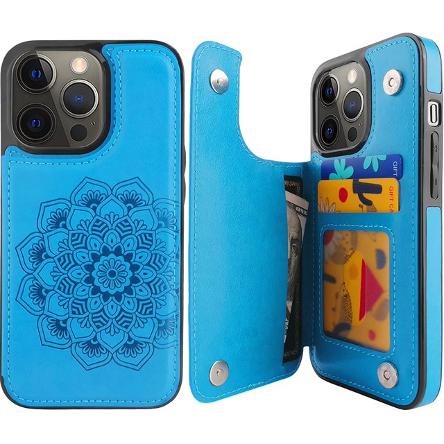 Compatible for iPhone iPhone 6/6s Wallet Case with Card Holder, Mandala Embossed Faux Leather Kickstand Card Slots Case, Handmade Shockproof Protective Slim Soft Flip Phone Case, Blue