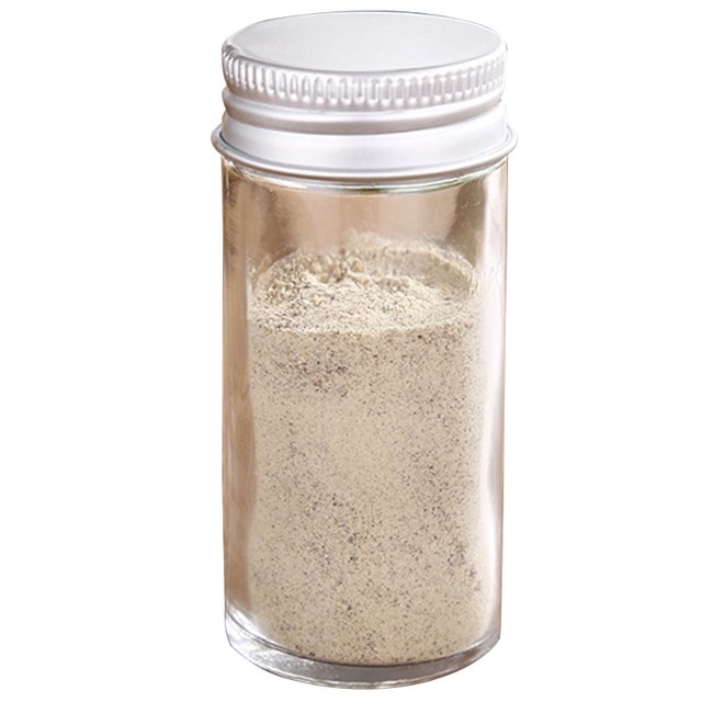 Seasoning Bottle Reusable Glass Spice Jar Seasoning Shaker Salt Jar for Kitchen. A clear glass spice container with a cylindrical design, measuring 4.4cm in diameter and 10.4cm in height. The jar has a white screw-on lid and contains light-colored seasoning powder. Perfect for kitchen organization, storing condiments like salt, sugar, or spices, and suitable for home, restaurant, or camping use.
