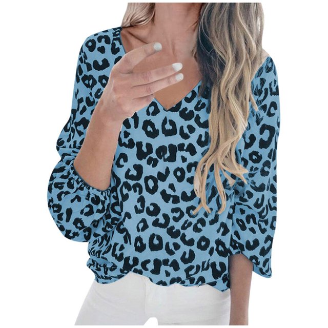 Birdeem Womens Long Lantern Sleeve Leopard Print V Neck Tee Casual Popular Blouse Tops
