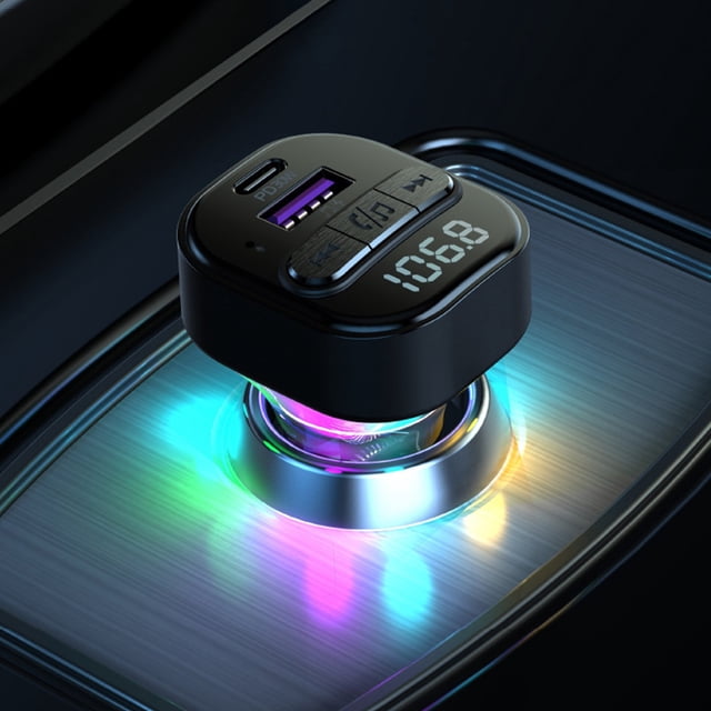Dvkptbk Vehicle Player Car Bluetooth Mp3 Player Bluetooth Receiver FM Transmitter Lighter Type Fast Charger Car Charger Car Accessories in black. Compact design with translucent top and colorful ambient lighting. Features a digital display, USB port, and PD30W fast charging technology for efficient device charging. Supports Bluetooth 5.3 for stable audio playback and calls, and is compatible with 12-24V car models. Ideal for FM transmitter functionality and versatile car accessories.