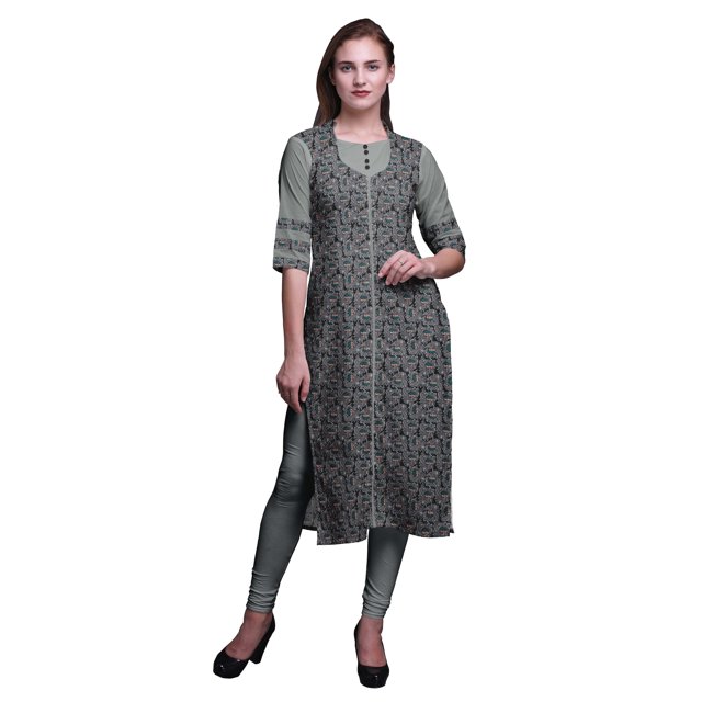 Bimba Kurti Longue Droite pour Femmes Imprimée Indienne en Rayonne Slub Tunique à Manches 3/4