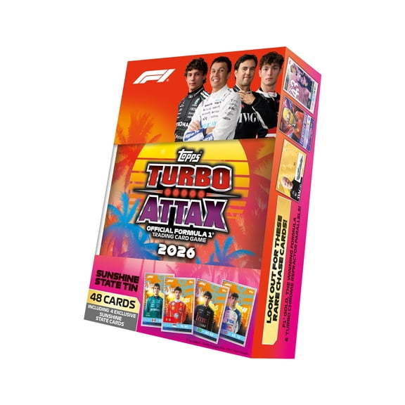 2026 Topps Turbo Attax Formula 1 Cards - Sunshine State Mega Tin (48 Cards + 4 Exclusives)