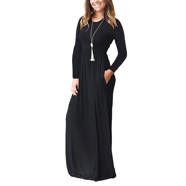 UKAP Ladies Dress Crew Neck Maxi Dresses Solid Color Swing Party Black M