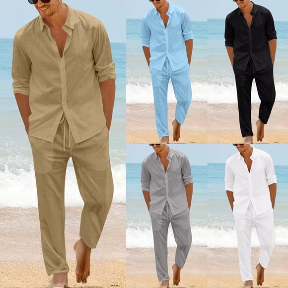Fengqque Men 2 Piece Linen Outfit Beach Button Down Shirt Casual Loose Pant Sets White XL(XL)