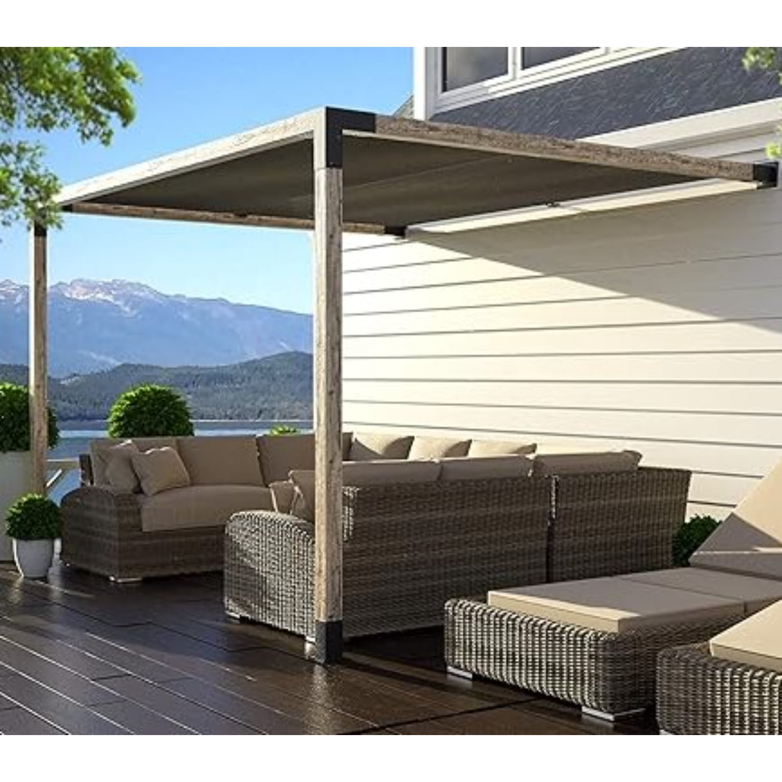 Kit de pergola murale Toja 8'x8' avec voile d’ombre en graphite pour poteaux en bois 4x4