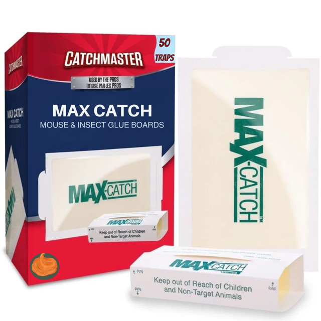 MAX Catch Sticky Mice Traps, Sticky Glue Boards, Catchmaster, Peanut Glue Boards for Mouse & Insect Control - Pack of 50. The image displays a Catchmaster box with 50 traps and individual glue boards featuring the MAX Catch logo. These traps have a low-profile design for tight spaces and a strong adhesive surface, available in peanut butter scented or unscented options. Suitable for indoor use in homes, garages, kitchens, and storage areas to capture mice and crawling insects.
