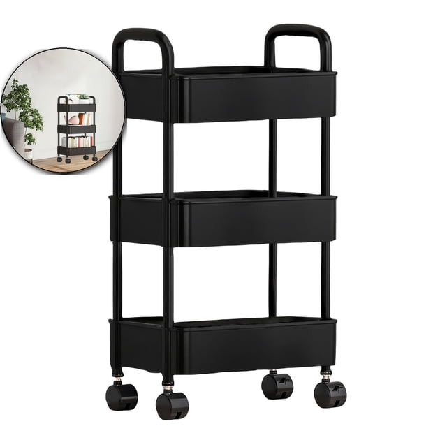 Dvruxg 3-Tier Plastic Rolling Utility Cart with Handle, Multi-Functional Storage Trolley for Office, Living Room, Kitchen, Movable Storage Organizer with Wheels, Black