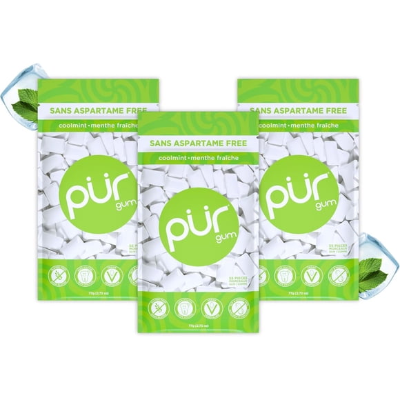 PUR Gum, Coolmint, Aspartame Free, Sugar Free & 100% Xylitol Chewing Gum, 55 Pieces, Pack of 3