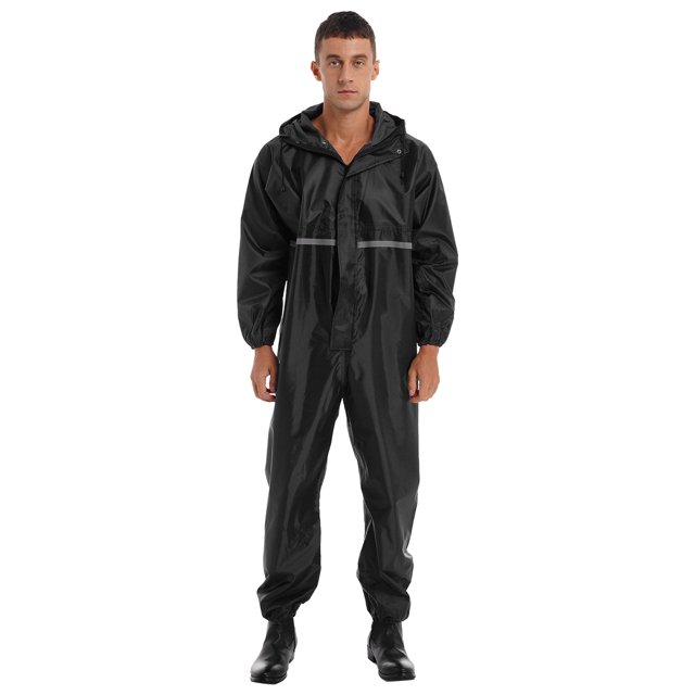 Miaeowve Mens Motorcycle Rain Suit One Piece Hooded Jumpsuit Reflective Strip Waterproof Rainsuit Black 175/XL