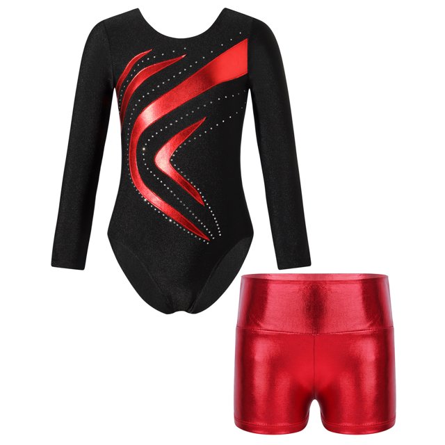TiaoBug Girls 2Pcs Rhinestone Tracksuit Long Sleeve Gymnastics Dance Outfit Leotard with Shorts Unitard C04 10