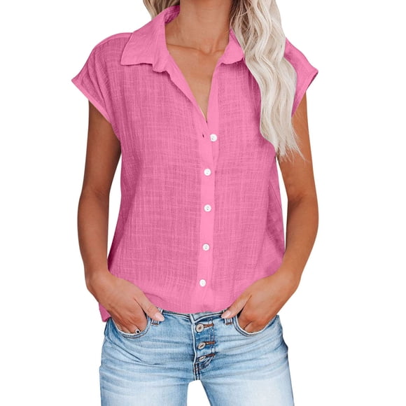 lcziwo Sales Today Clearance Plus Size Linen Tops for Women,Women Button Down Shirts Cotton Linen Cap Sleeve Summer Tops V Neck Collared Work Blouses Dressy Casual Summer T Shirt Pink,XXXL