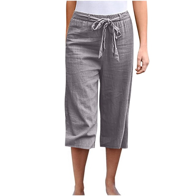 Dealovy Pantalon Capri pour Femmes Coton Lin Grande Taille Taille à Cordon Léger Court