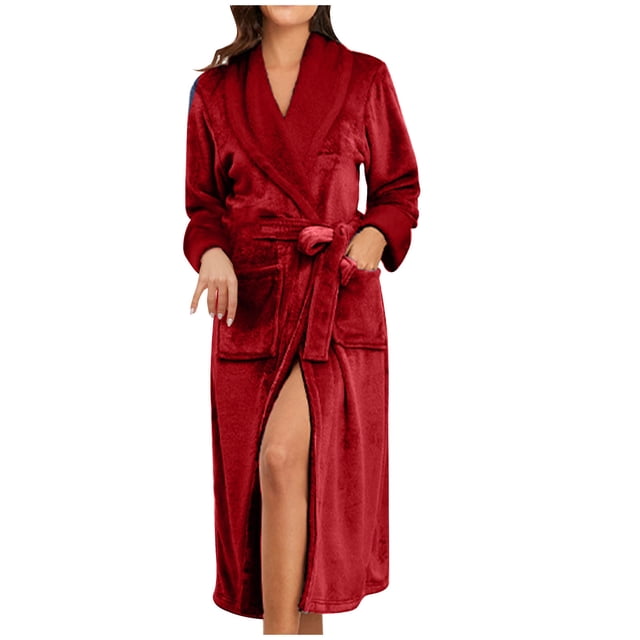 MeetoTime Women's Full Length Robe Fall Winter Comfy Fleece Bathrobe Collared Long Sleeve Sleepwear