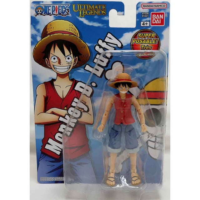 One Piece 5 Inch Action Figure Ultimate Legends - Monkey D Luffy displayed in packaging. The figure features Luffy wearing his signature straw hat, red vest, blue shorts, and sandals. The packaging highlights the Ultimate Legends branding, Bandai logo, and 'Super Posable!' text, indicating 27 points of articulation for dynamic posing. Suitable for ages 4 and up. Ideal for anime collectible enthusiasts.