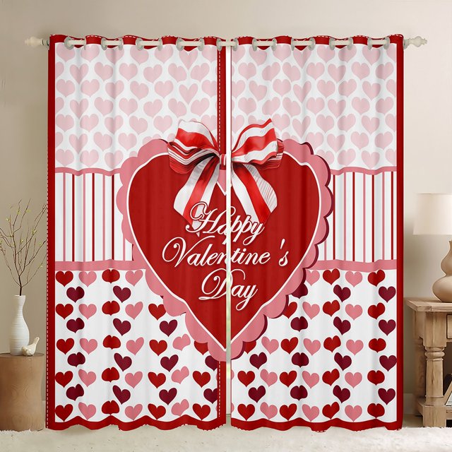 Happy Valentine's Day Window Drapes Block 30%-50% Light,Red Love Pattern Kitchen Window Treatments 42Wx63L Inches,Abstract Art Geometry Decor Window Curtains