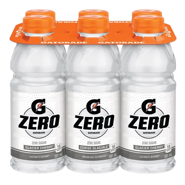Gatorade Zero Sugar Glacier Cherry Electrolyte Beverage 6 x 591 mL bottles with orange caps and white labels showing zero sugar and 10 calories, formulated to rehydrate and replenish electrolytes lost in sweat, suitable for athletes during workouts and games.
