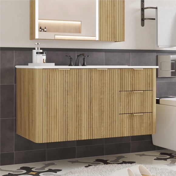 HMstone Meuble-Lavabo de Salle de Bain 36 Pouces avec Combo Lavabo, Armoire de Salle de Bain Flottante Murale avec 2 Portes 2 Tiroirs, Meuble-Lavabo de Salle de Bain Moderne Mi-Siècle avec Armoire de Rangement, Naturel