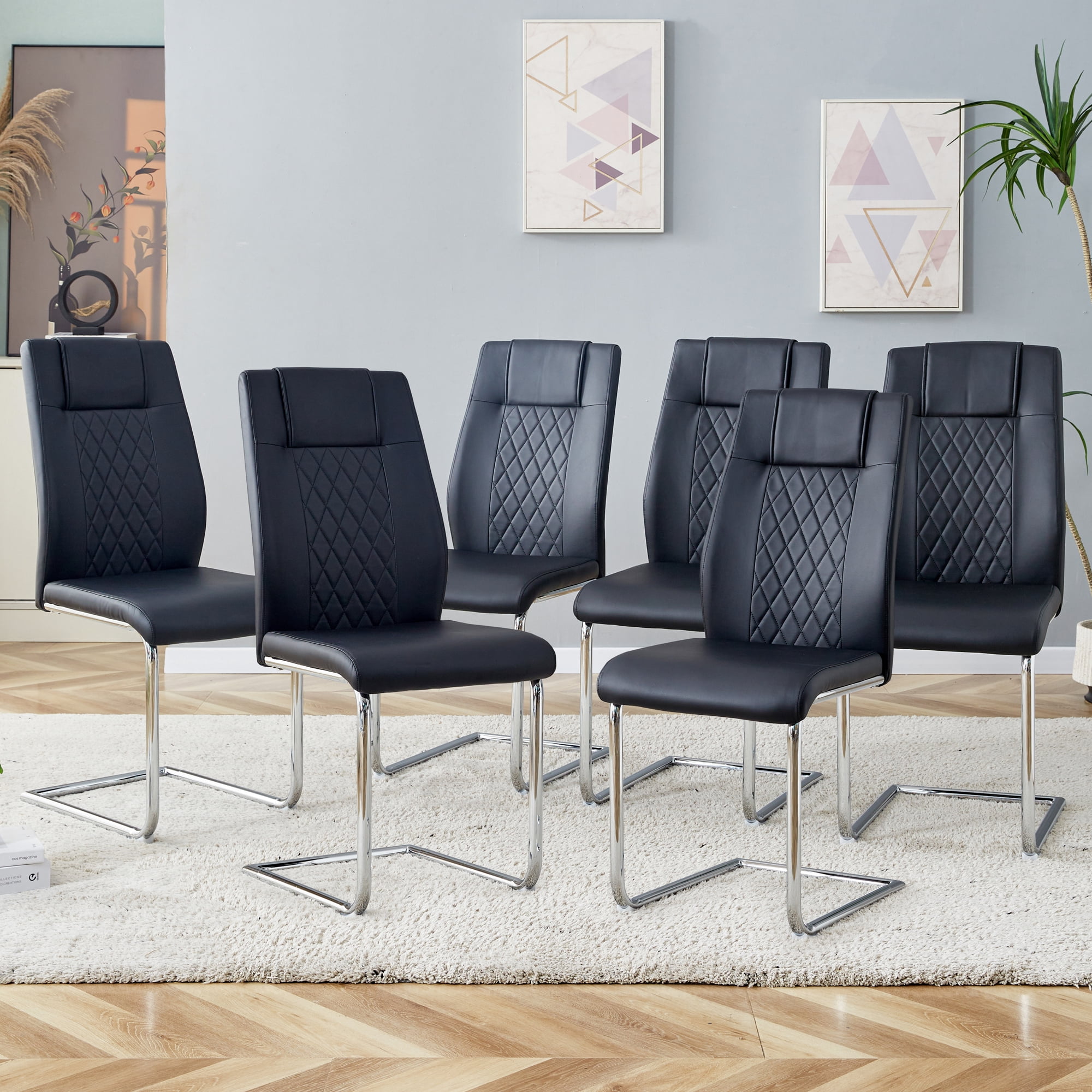 Noble House Set of 6 Modern Dining Chairs,Faux Leather Padded Seat with Metal Legs,for Kitchen Living Bedroom,Black
