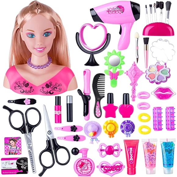 Hair Styling and Makeup Head, 45 Pieces Makeup Hair Accessories for Kids, Hairdressing Doll Makeup Toy Little Girl