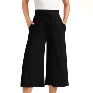Miqool Women's High Waisted Capri Pants Wide Leg Drawstring Lightweight Cropped Pants Casual Loose Comfy Lounge Capri Pants Palazzo Pants with Pockets