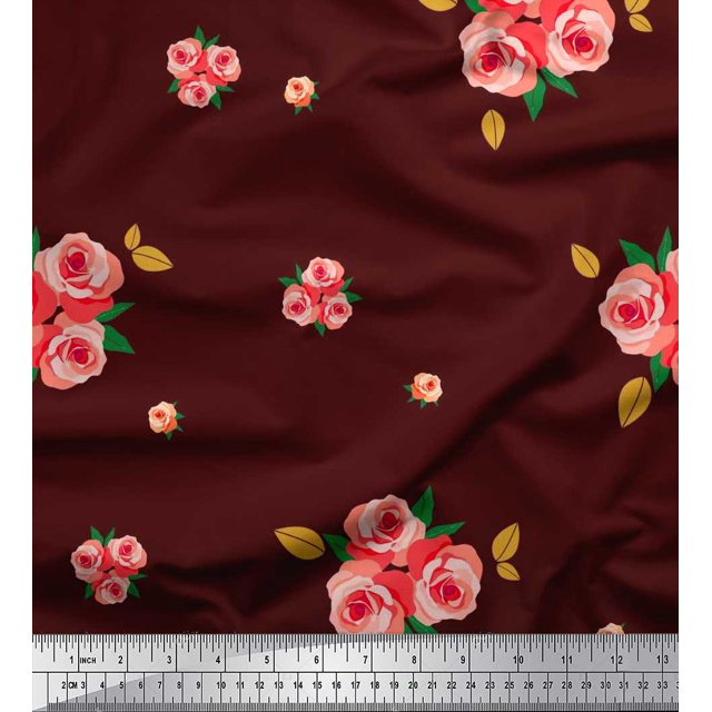 Soimoi Poly Georgette Tissu Feuilles & Rose Fleur Tissu Imprimé par Yard 52 Pouces de Large