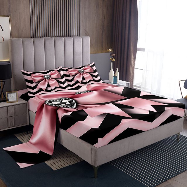 Erosebridal Princess Bow Bed Sheets Set Queen Size, Chic Diamond Bed Sheets Queen, Pink Wave Line Decor,